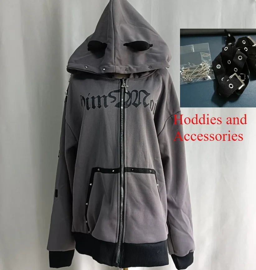Y2K Aesthetic Letter Print Punk Hoodies Women Grunge Loose Pocket Oversized Hoody Harajuku Casual Streetwear Zipper Sweatshirts