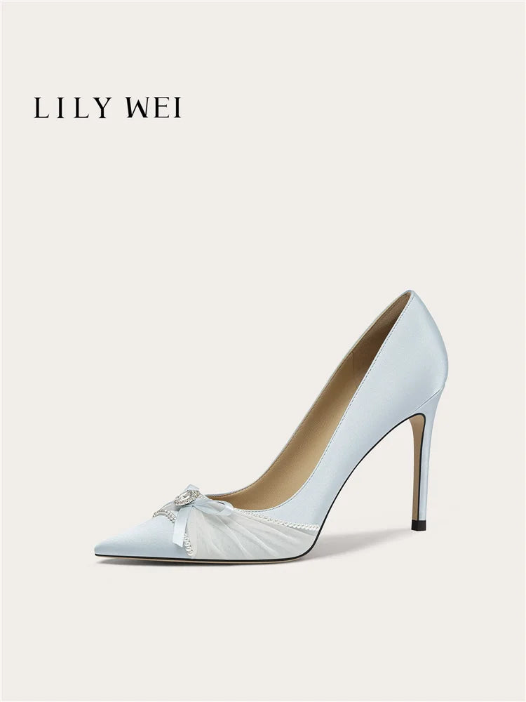 Spring New Pointed Silk Pearl Rhinestone Bow Fine Heeled Shoes for Banquets, Large Size Small Size High Heels Women'S Shoes