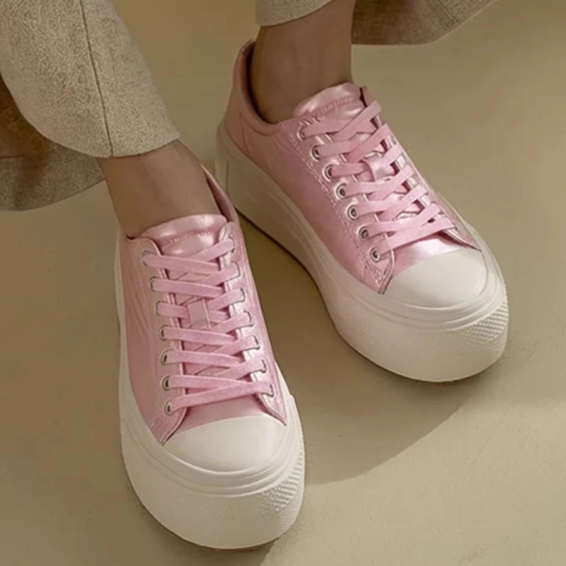 White Shoes for Women'S Sequin Cloth Thick Sole Height Increasing Shoes Comfortable Breathable Genuine Leather Casual Board Shoe