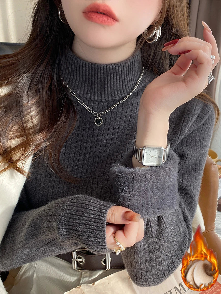 Sweater for Women Winter Thicken Turtleneck Slim Knit Pullover New Warm Plush Velvet Lined Knitwear Jumper Tops Casual Poleras