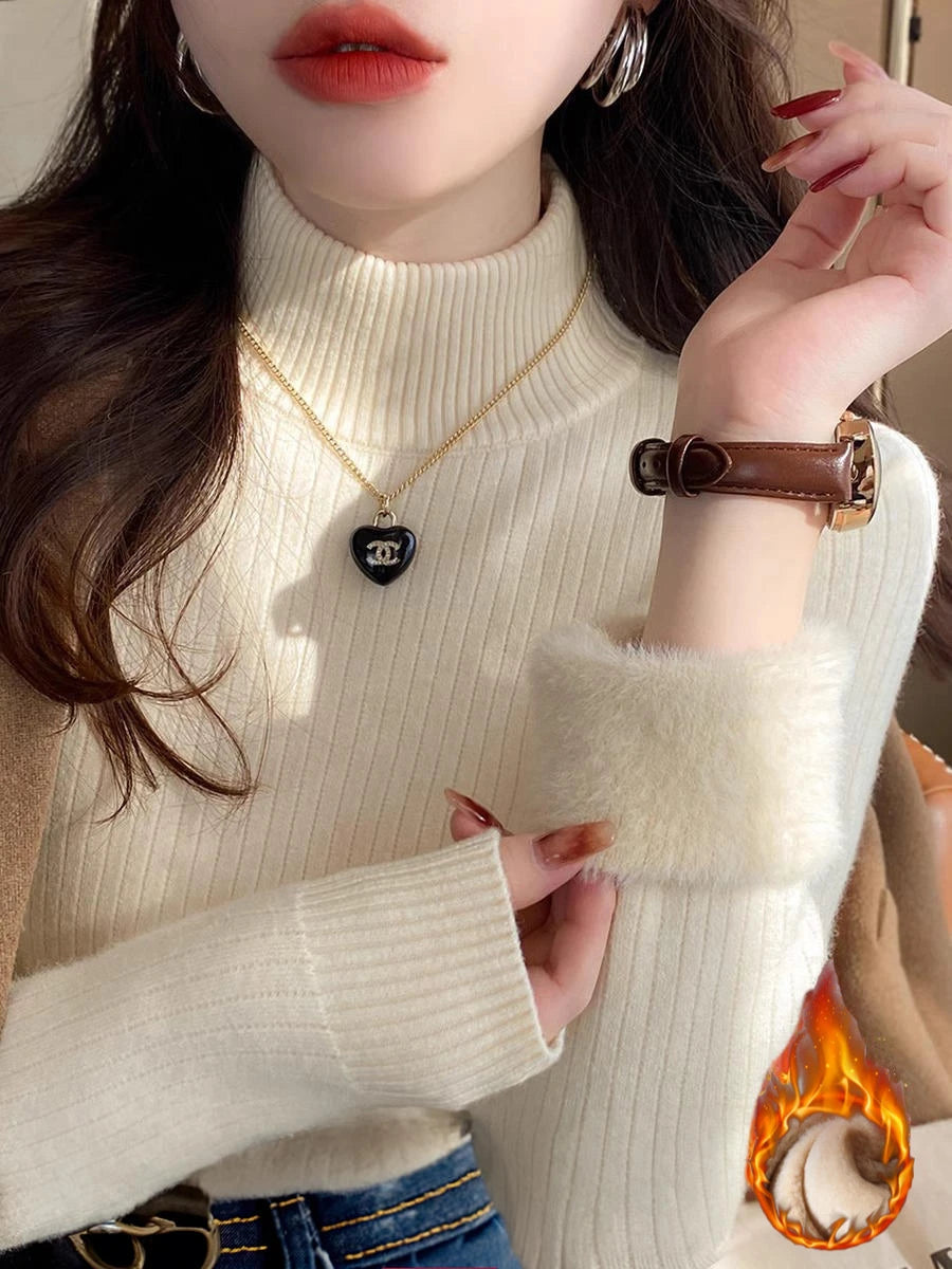 Sweater for Women Winter Thicken Turtleneck Slim Knit Pullover New Warm Plush Velvet Lined Knitwear Jumper Tops Casual Poleras