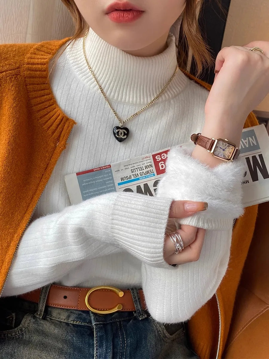 Sweater for Women Winter Thicken Turtleneck Slim Knit Pullover New Warm Plush Velvet Lined Knitwear Jumper Tops Casual Poleras