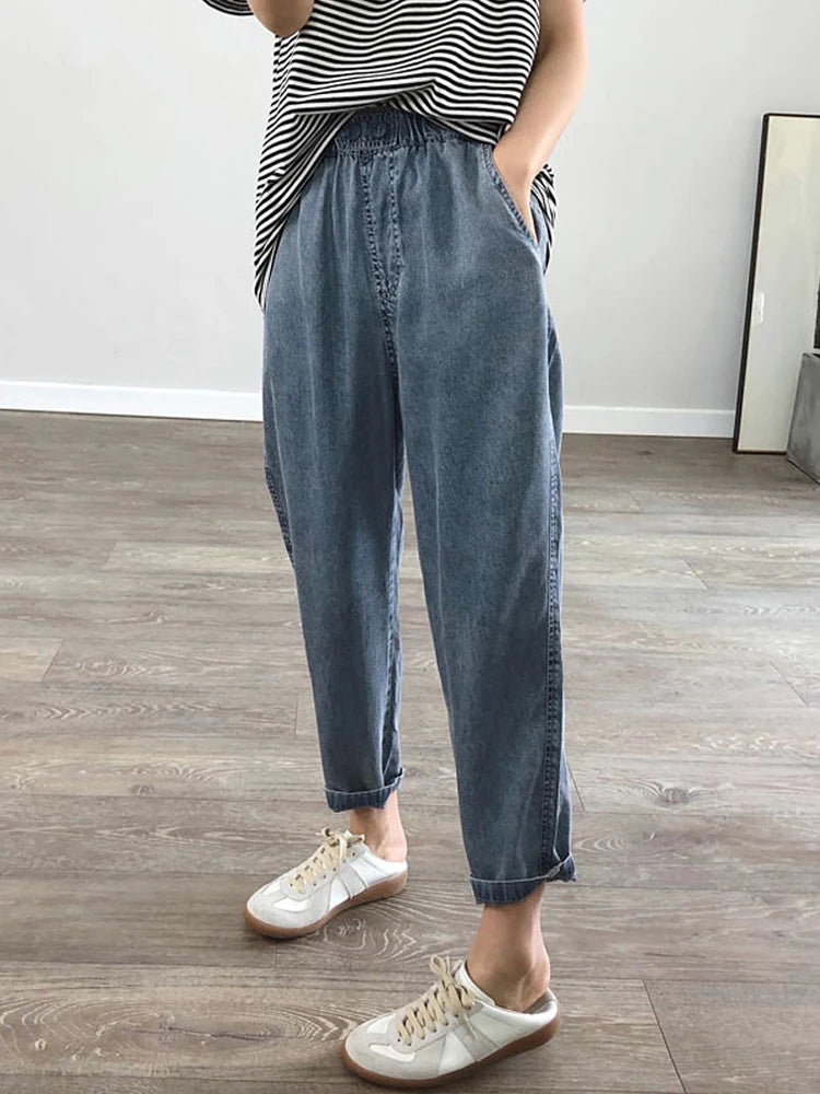 Summer plus Size Jeans Woman Casual Loose Baggy Denim Harem Pants Elastic Waist Thin Cotton Mom Jeans Women Ankle-Length Slacks