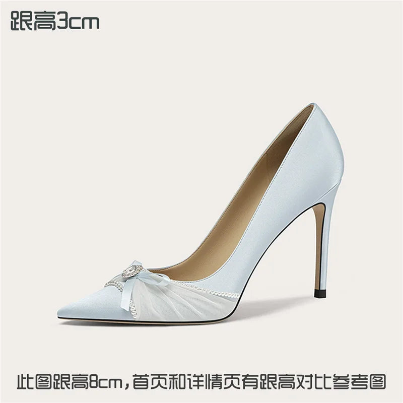 Spring New Pointed Silk Pearl Rhinestone Bow Fine Heeled Shoes for Banquets, Large Size Small Size High Heels Women'S Shoes