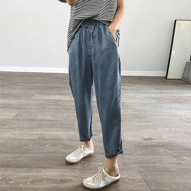 Summer plus Size Jeans Woman Casual Loose Baggy Denim Harem Pants Elastic Waist Thin Cotton Mom Jeans Women Ankle-Length Slacks