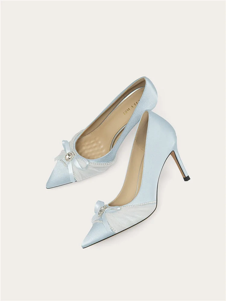 Spring New Pointed Silk Pearl Rhinestone Bow Fine Heeled Shoes for Banquets, Large Size Small Size High Heels Women'S Shoes
