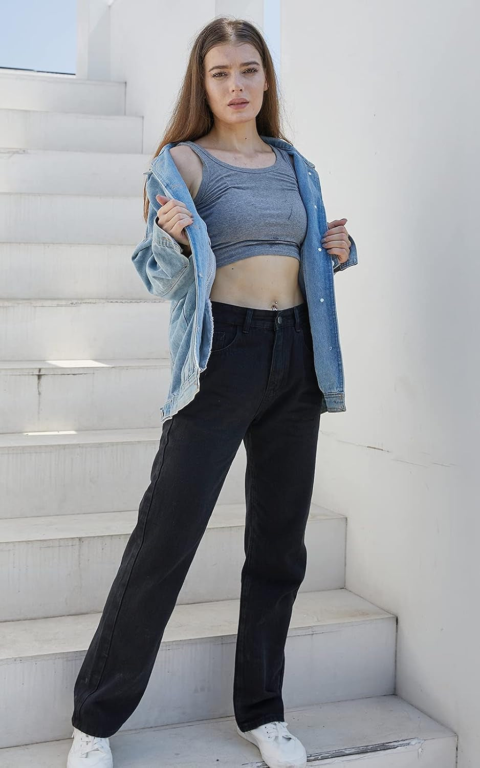 Women Baggy Jeans, High Waist Loose Boyfriends Denim Pants Mom Jeans for Teen Girls Wide Leg Straight Trousers… Black