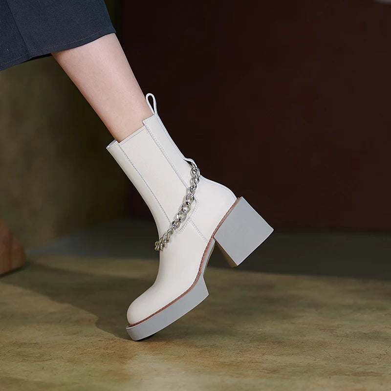 2024 Winter Women Shoes Genuine Leather Women Boots Platform round Toe Chunky Heel Women Shoes High Heel Boots Real Leather