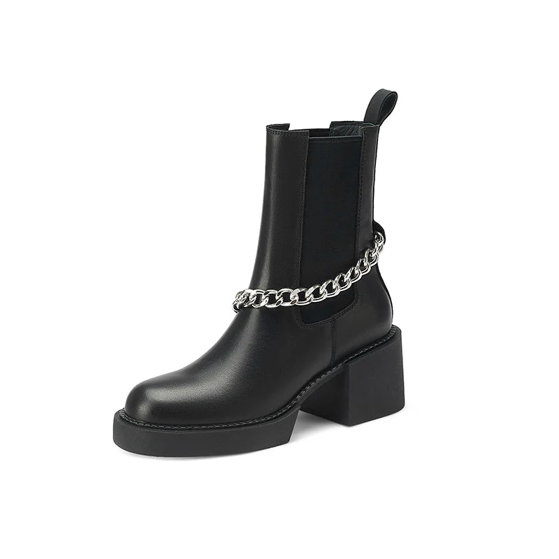 2024 Winter Women Shoes Genuine Leather Women Boots Platform round Toe Chunky Heel Women Shoes High Heel Boots Real Leather