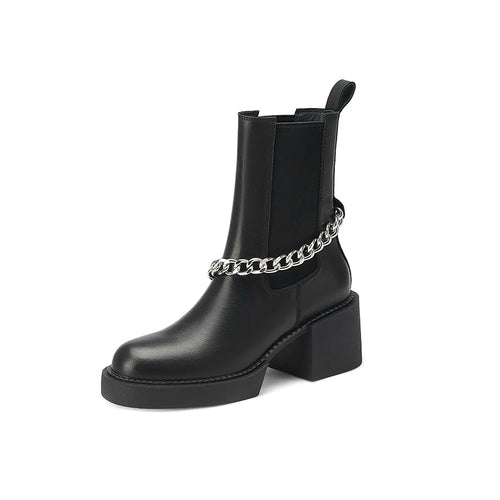 2024 Winter Women Shoes Genuine Leather Women Boots Platform round Toe Chunky Heel Women Shoes High Heel Boots Real Leather