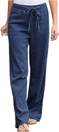 Women'S Cotton Linen Pants Elastic Waist Drawstring High Rise Casual Loose Trousers Pants Blue
