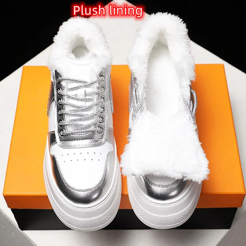 Women Casual Shoes White Silver Genuine Leather Hidden Heel Sneakers Thick Sole Chunky Platform Shoes