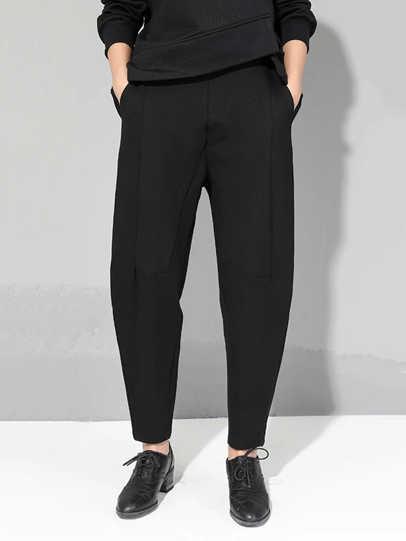 [] Women Patchwork Split Joint Brief Pants New Spring Autumn High Elastic Waist Black Loose Trousers Fashion Tide 2026 JQ013