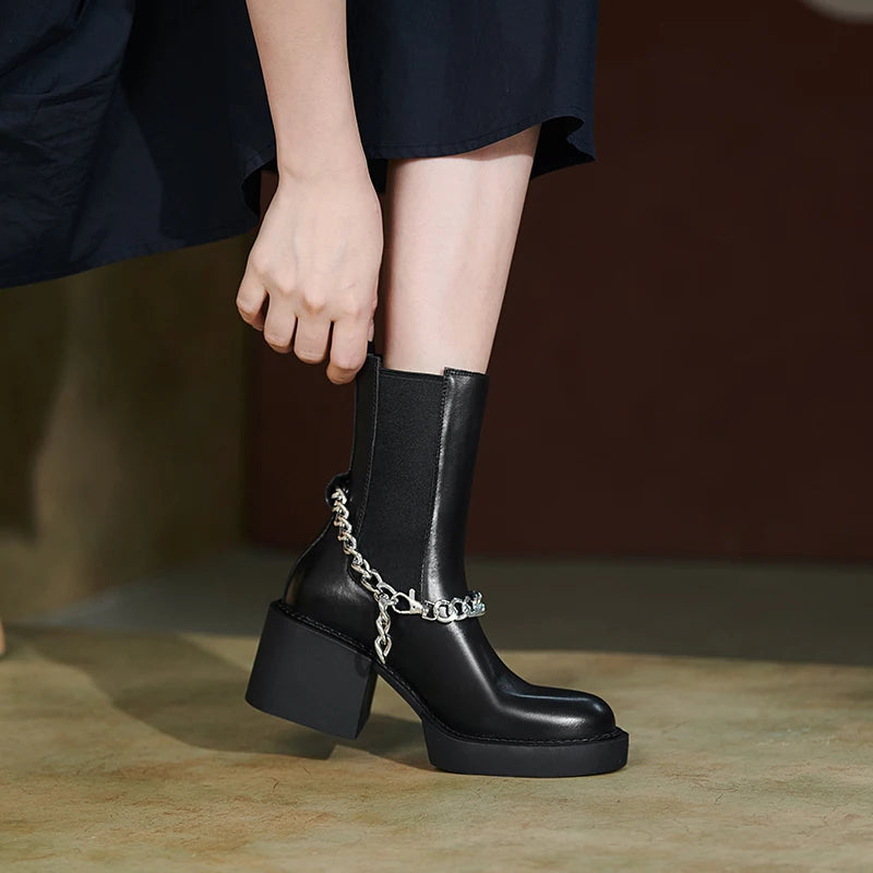 2024 Winter Women Shoes Genuine Leather Women Boots Platform round Toe Chunky Heel Women Shoes High Heel Boots Real Leather