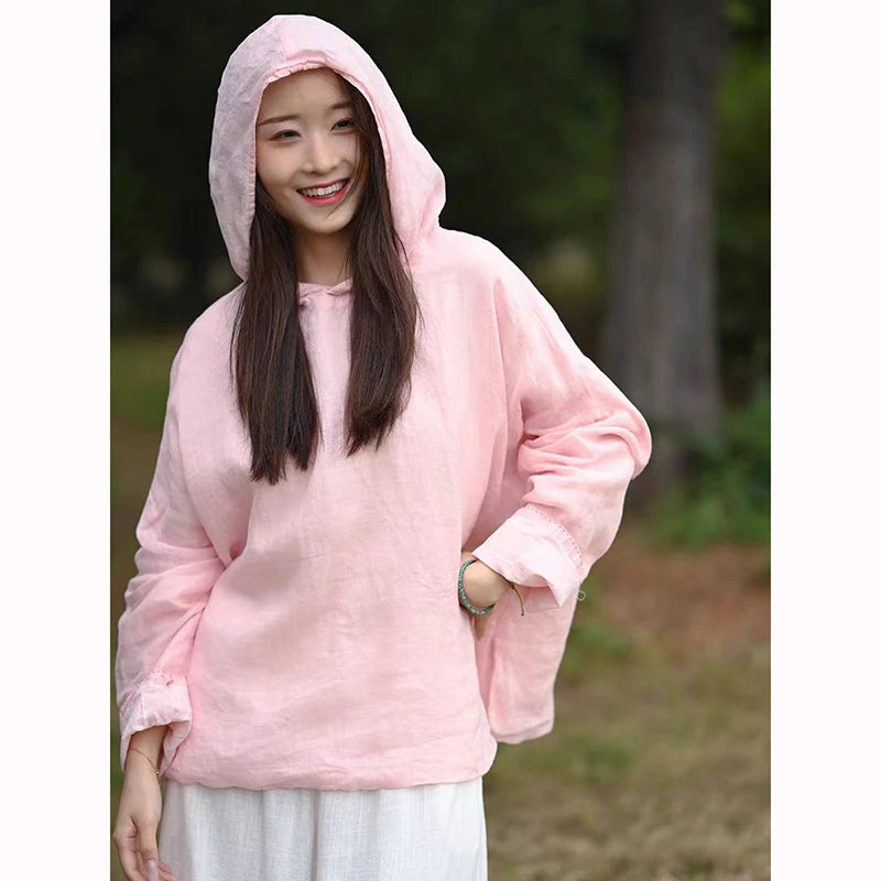 Spring New Arts Style Women Long Sleeve Loose Hooded All-Matched Casual Vintage Cotton Linen Pullovers Hoodies Good Quality JM35