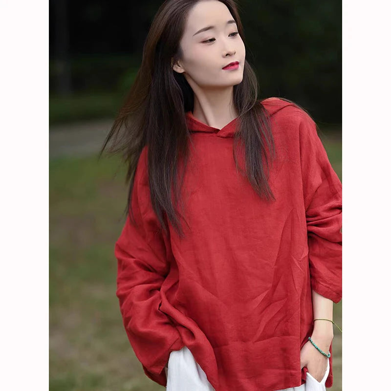 Spring New Arts Style Women Long Sleeve Loose Hooded All-Matched Casual Vintage Cotton Linen Pullovers Hoodies Good Quality JM35