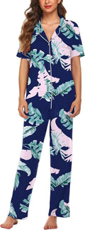 Women Pajamas Set Notch Collar Soft Sleepwear Pjs Short Sleeve Button down Nightwear with Long Pants
