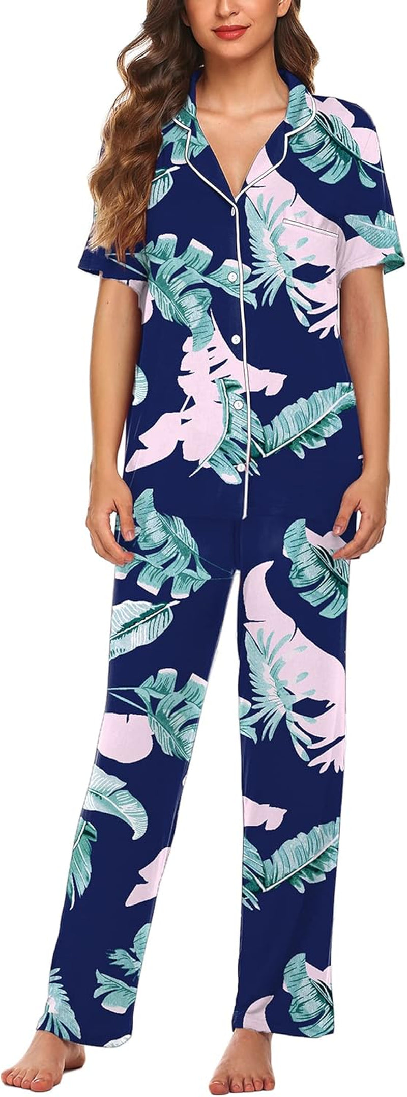 Women Pajamas Set Notch Collar Soft Sleepwear Pjs Short Sleeve Button down Nightwear with Long Pants