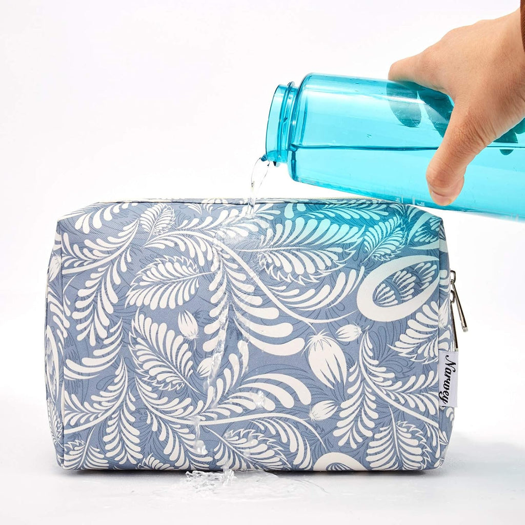Cute Makeup Bag Travel Cosmetic Bag Organizer Toiletry Bag Make up Bags with Compartments for Women Girls (Large, Blue Leaf)