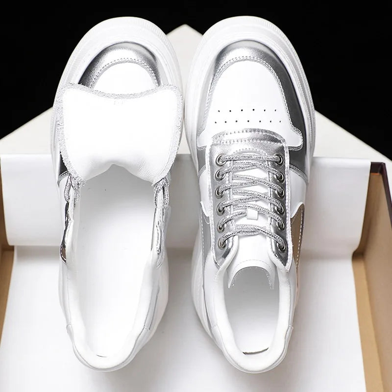 Women Casual Shoes White Silver Genuine Leather Hidden Heel Sneakers Thick Sole Chunky Platform Shoes