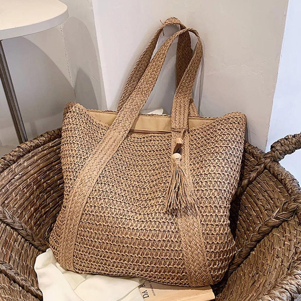 Large Straw Beach Bag for Women, Straw Tote Bag with Tassels, Woven Summer Handbag Shoulder Bag for Outdoor Vacation