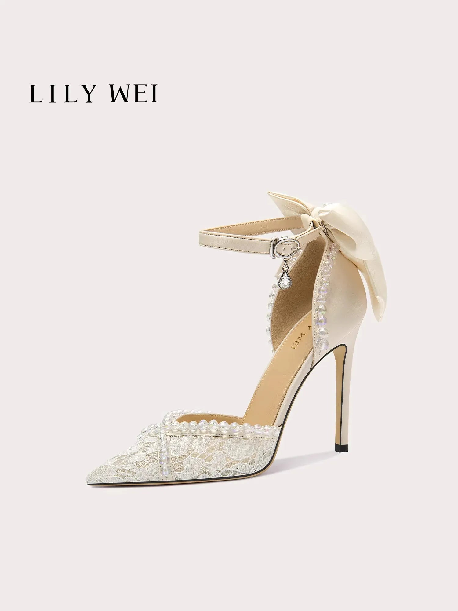 Spring and Summer New Pointed Lace Bow Pearl Wedding Shoes Banquet Dress Large Size Small Size Thin High-Heeled Women'S Sandals