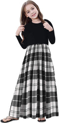 Girl'S Long Sleeve Empire Waist Loose Casual Holiday Long Maxi Dress with Pockets,Black Plaid White,14T