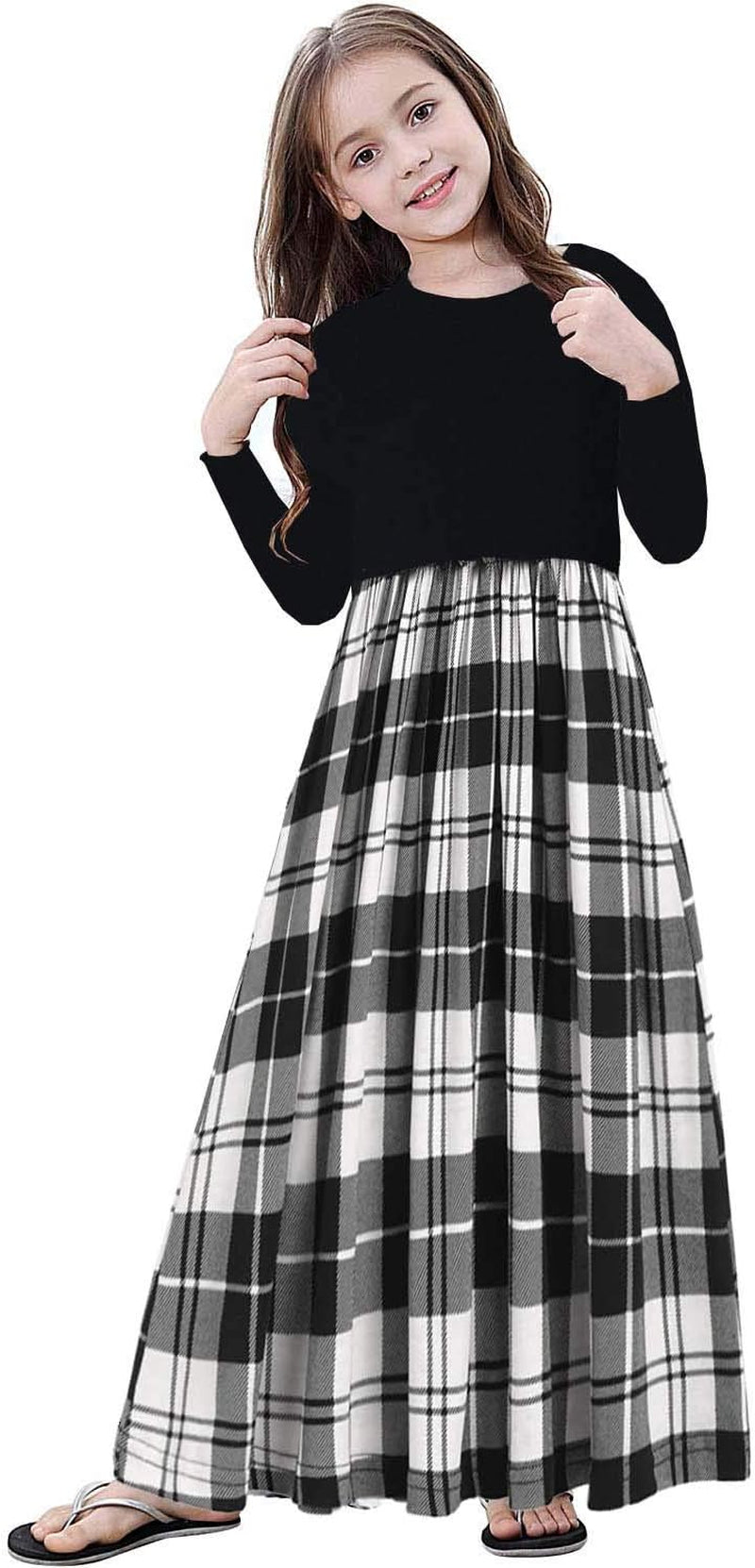 Girl'S Long Sleeve Empire Waist Loose Casual Holiday Long Maxi Dress with Pockets,Black Plaid White,14T