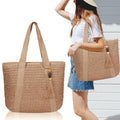Large Straw Beach Bag for Women, Straw Tote Bag with Tassels, Woven Summer Handbag Shoulder Bag for Outdoor Vacation