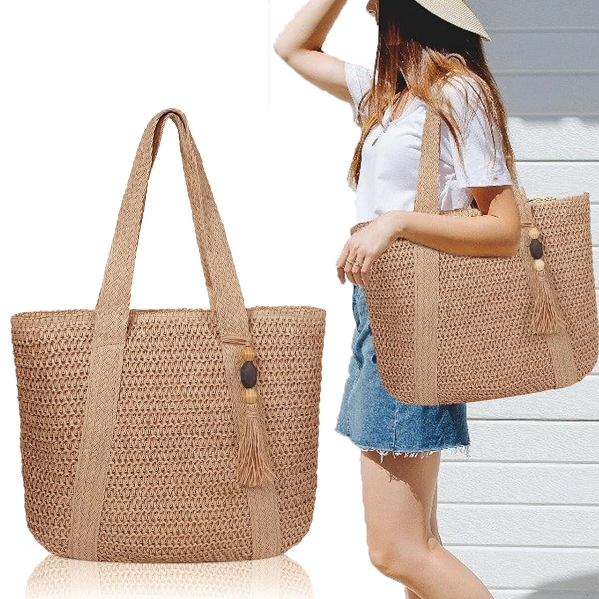 Large Straw Beach Bag for Women, Straw Tote Bag with Tassels, Woven Summer Handbag Shoulder Bag for Outdoor Vacation