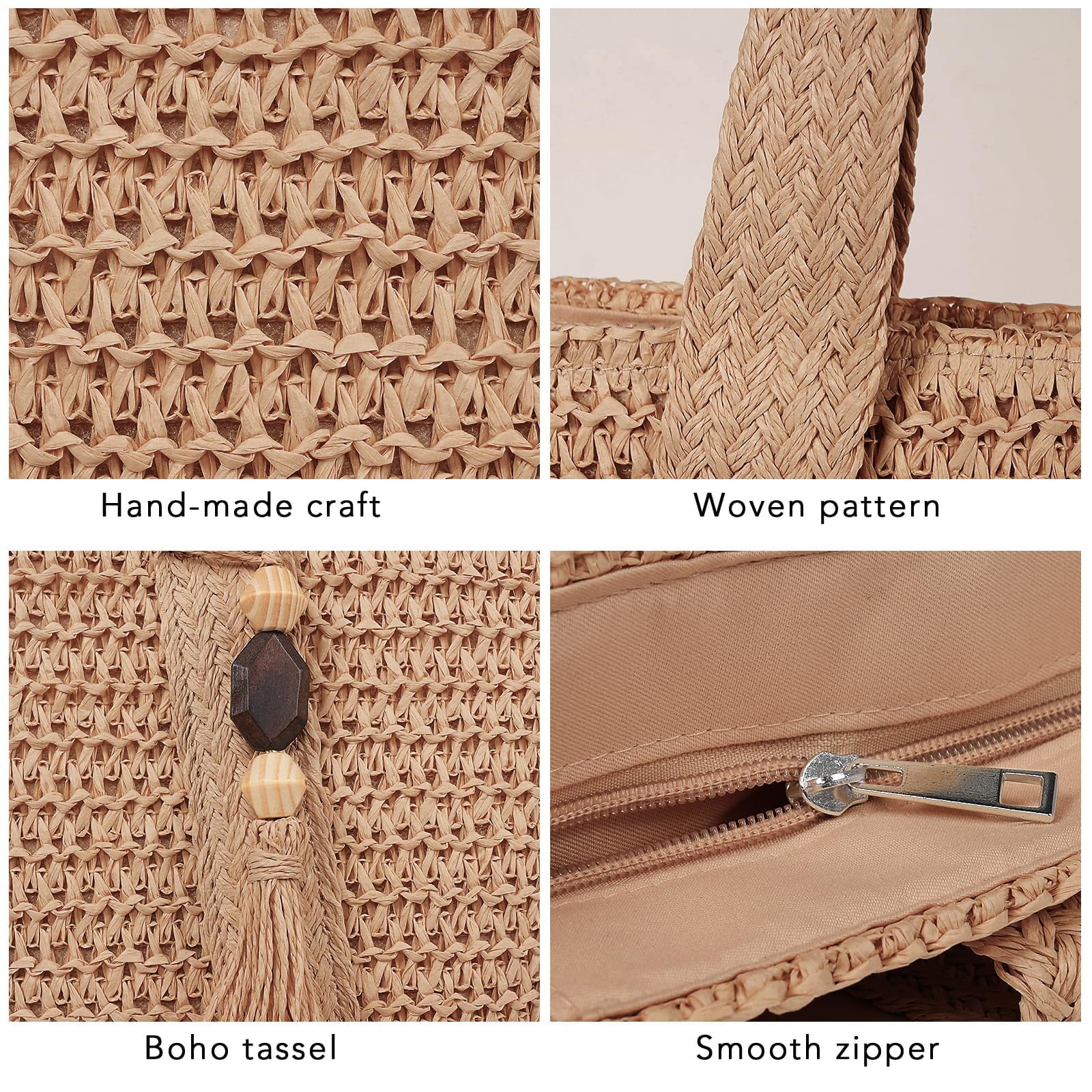 Large Straw Beach Bag for Women, Straw Tote Bag with Tassels, Woven Summer Handbag Shoulder Bag for Outdoor Vacation