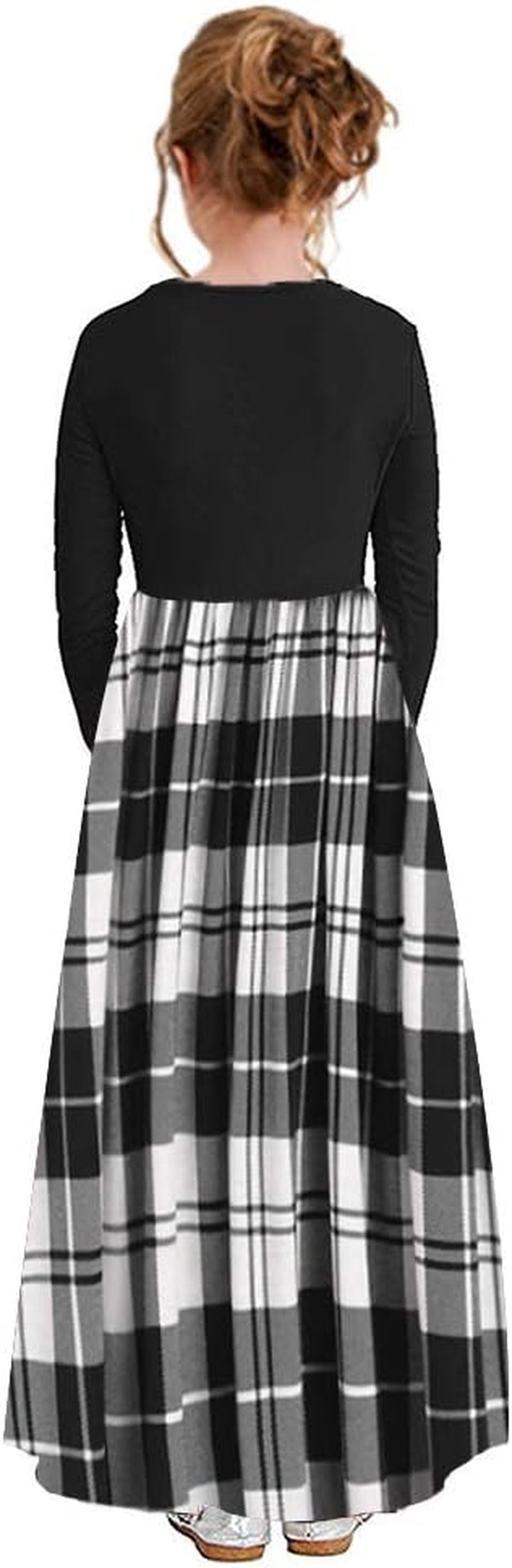 Girl'S Long Sleeve Empire Waist Loose Casual Holiday Long Maxi Dress with Pockets,Black Plaid White,14T