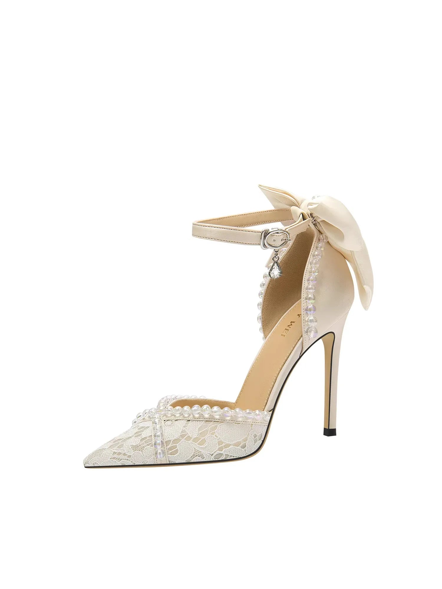 Spring and Summer New Pointed Lace Bow Pearl Wedding Shoes Banquet Dress Large Size Small Size Thin High-Heeled Women'S Sandals