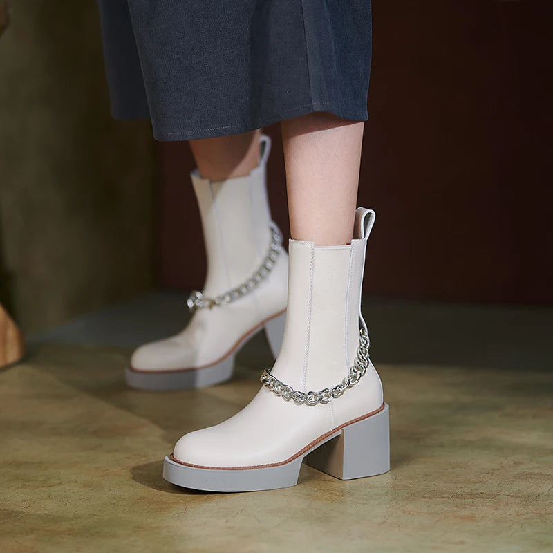 2024 Winter Women Shoes Genuine Leather Women Boots Platform round Toe Chunky Heel Women Shoes High Heel Boots Real Leather