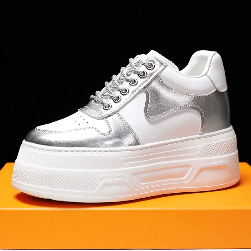 Women Casual Shoes White Silver Genuine Leather Hidden Heel Sneakers Thick Sole Chunky Platform Shoes